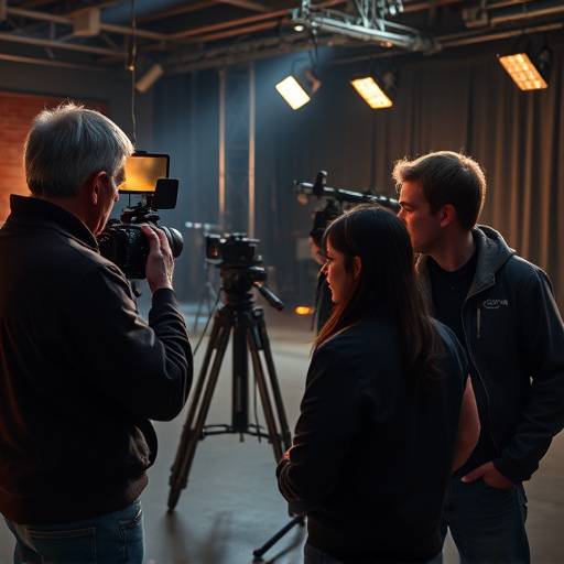 Director reviewing footage with crew on drama series set