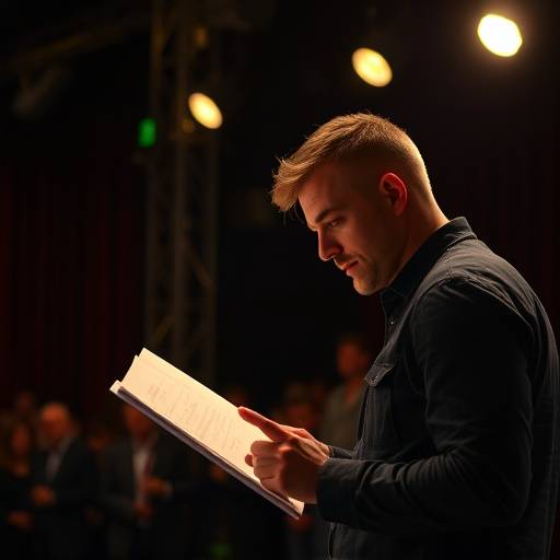 Stage manager reviewing notes backstage